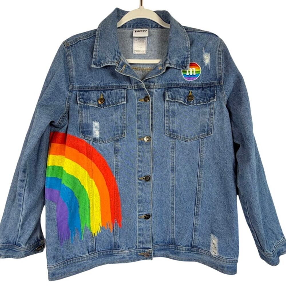 M&M’s Denim Jacket Rainbow Vibes Back Graphic Distressed Womens Size Large